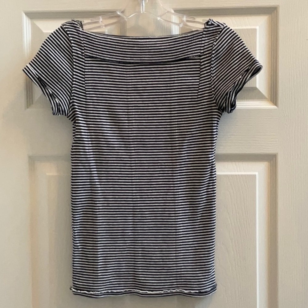 Free People We The Free Ahoy Navy White Striped T-Shirt Boat Neck- Size Small